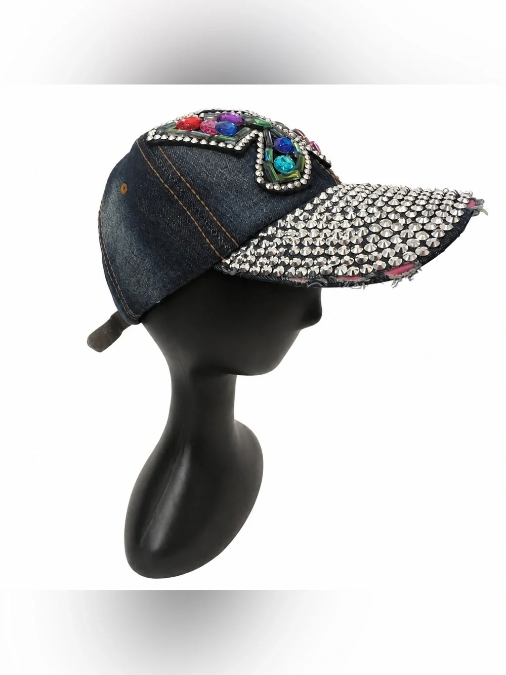Y2K Washed Denim Hat With Rhinestone Detail & Gemstone Butterfly Accent